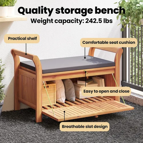 Vista 6 de vidaXL Banco de almacenamiento para patio con cojín de 35.8 pulgadas, madera maciza de acacia Gris