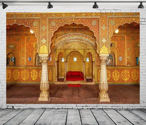 Vista 2 de BELECO Telón de fondo de tela de 5 x 3 pies del palacio real indio, sala de audiencia privada en el trono de Anup Mahal y Maharaja con tallas