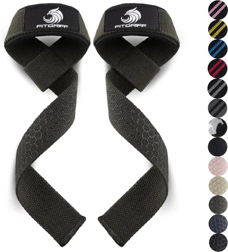 Vista 10 de Fitgriff® Correas de muñeca para levantamiento de pesas, gimnasio, peso muerto, entrenamiento (hechas de algodón premium y acolchadas) - Hombres