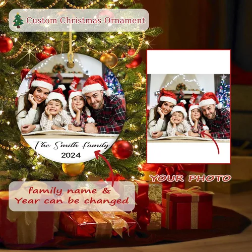 Vista 2 de Adorno de Navidad con foto personalizada 2024 con texto, adorno de Navidad personalizado para familiares, niños, amigos, parejas, bodas, recuerdos