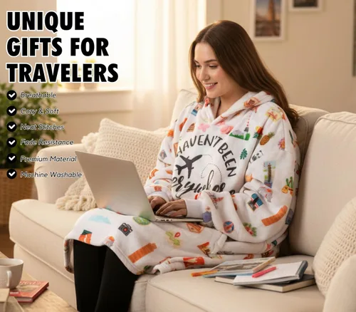 Vista 2 de Regalos de viaje para mujeres y hombres, manta de franela con capucha, súper suave, cálida y acogedora con dos bolsillos grandes