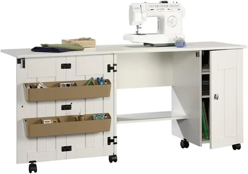 Vista 8 de BOWERY HILL Mesa de madera de ingeniería para coser o manualidades con superficie superior de melamina, almacenamiento detrás de la puerta