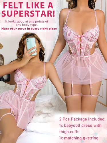 Vista 3 de popiv Conjunto de lencería sexy de encaje para mujer con liguero, lencería floral push up