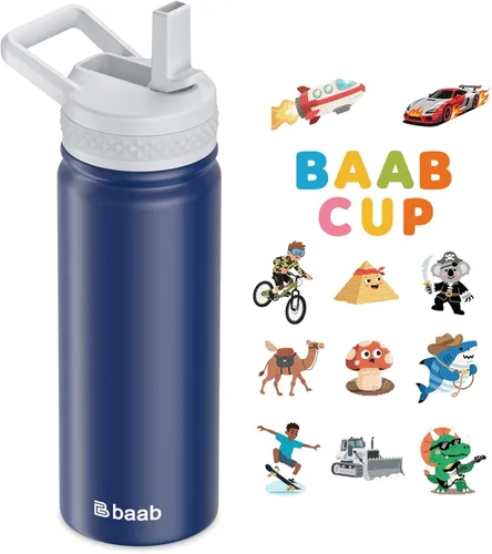 Vista 11 de baab Botella de agua para niños de 18 onzas, botella de agua aislada con popote y calcomanías, taza con popote de agua para niños de acero