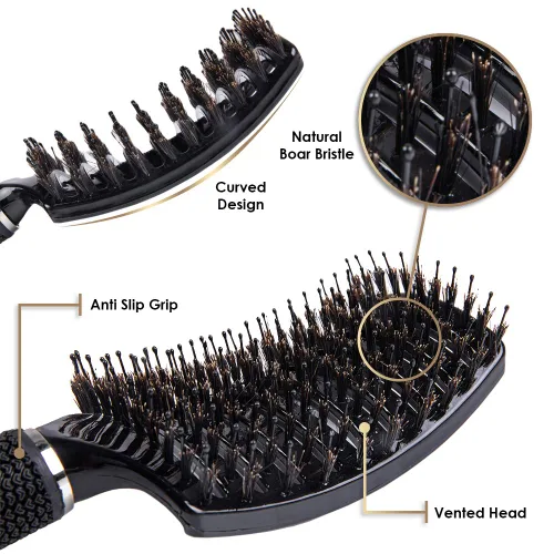 Vista 3 de ThickTails Cepillo curvado ventilado de cerdas de jabalí para secar con soplado, desenredar y peinar cabello rizado y grueso (paquete de 2)