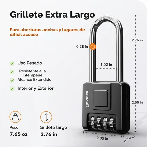 Vista 2 de Cerradura de combinación de grillete largo de 2.76 pulgadas, candado combinado para exteriores