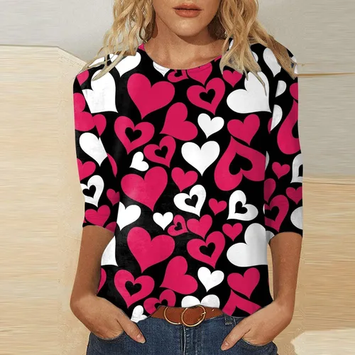 Vista 2 de ZEFOTIM Camisa de San Valentín para mujer, manga 34, con estampado de corazones de amor, casual, a la moda