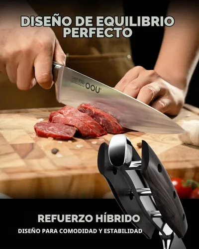 Vista 3 de OOU Juego de cuchillos de cocina 2025 con bloque, juego de cuchillos de acero inoxidable alemán de 15 piezas con varilla de afilar, mango de madera