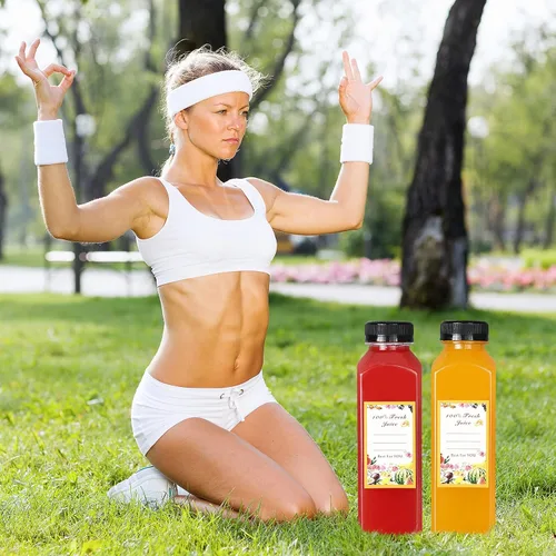 Vista 7 de DANALLAN 24 botellas vacías de jugo de 12 onzas con tapas, botellas de plástico reutilizables de primera calidad, contenedor de jugo, tapas negras