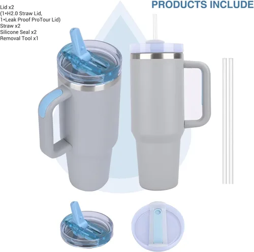 Vista 8 de Quencher ProTour - Vaso térmico de 40 onzas con asa - Botella de agua de acero inoxidable 100% a prueba de fugas aislada al vacío 2 tapas
