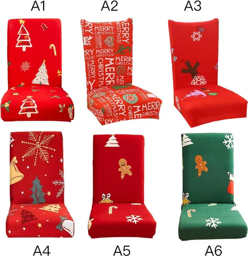 Vista 7 de Juego de 4 fundas protectoras para sillas de comedor navideñas, elásticas, extraíbles y lavables, fundas protectoras para sillas de comedor, fundas