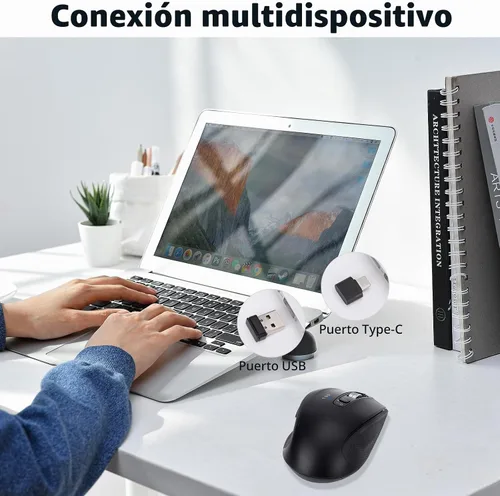 Vista 5 de Mouse inalámbrico Bluetooth con USB-A, receptor USB-C, recargable, 3 dispositivos, tamaño completo, clic silencioso, mouse ergonómico para Negro