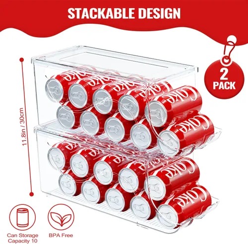 Vista 2 de SCAVATA Paquete de 2 organizadores apilables para refrigerador, dispensador de latas de soda, contenedor de bebidas con tapa para refrigerador