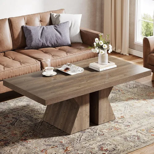 Vista 4 de Tribesigns Mesa de centro de madera, mesa central rectangular de 47 pulgadas con base de madera gruesa, mesa de cóctel con aspecto de madera