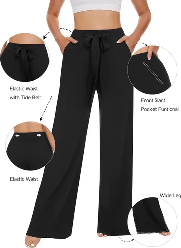 Vista 2 de Tapata Pantalones de yoga de pierna ancha con bolsillos de cintura alta, pantalones a medida, ajustables, con nudo de corbata, pantalones sueltos