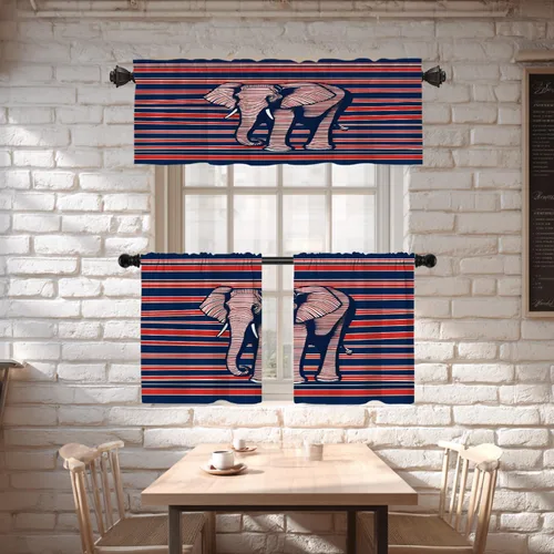 Vista 2 de Shrahala Cortinas republicanas de elefante americano para ventanas de cocina, paneles de cortina de ventana de poliéster multicapa con rayas rojas