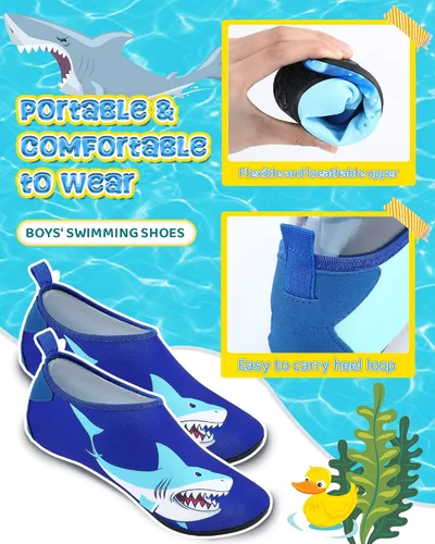 Vista 5 de Newcotte 2 pares de zapatos de agua para niños, calcetines de secado rápido, calcetines de piscina con tiburones marinos, antideslizantes, natación
