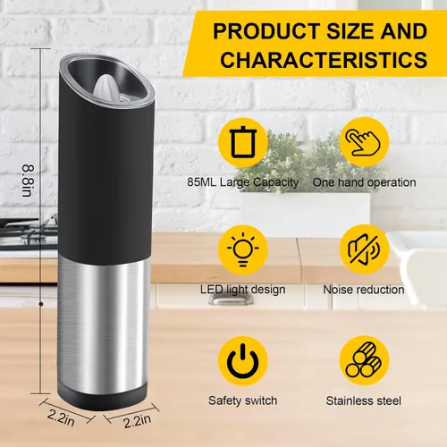 Vista 3 de Gravity - Molinillo eléctrico de sal y pimienta, molinillo de pimienta con batería automática, gran capacidad, grosor ajustable, acero inoxidable