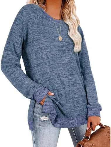 Vista 2 de Janepam Blusa de manga larga con cuello redondo y dobladillo dividido para mujer