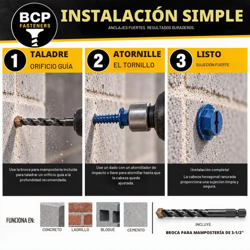 Vista 5 de BCP Fasteners Tornillos para hormigón con punta de diamante de cabeza