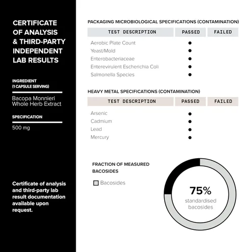 Vista 4 de Toniiq Bacopa - Extracto de ultra alta potencia 45:1 con 75% de bacosidos - altamente concentrado - probado en laboratorio de terceros - 90 cápsulas