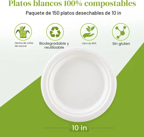 Vista 3 de Platos de papel resistentes 100% compostables de 10 pulgadas, paquete de 150 platos desechables biodegradables ecológicos de bagazo de caña de Blanco