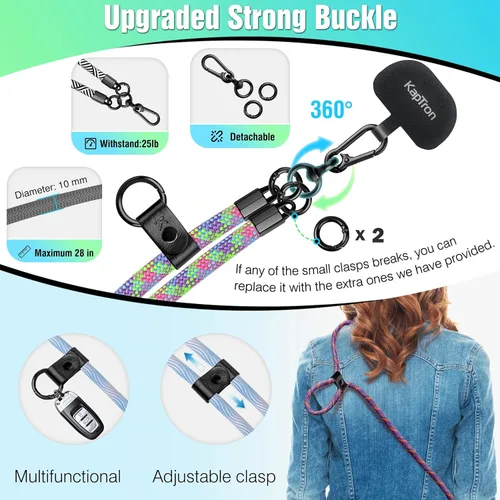 Vista 2 de Kaptron Cordón universal para teléfono celular: correa cruzada ajustable para teléfono celular con soporte de silicona para teléfono y correas