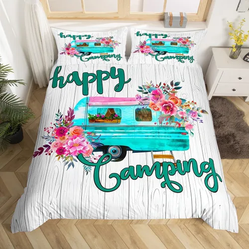 Vista 35 de Erosebridal Juego de funda de edredón de cabaña de cabaña, ropa de cama individual para niños, funda de edredón de campamento feliz, ropa de cama
