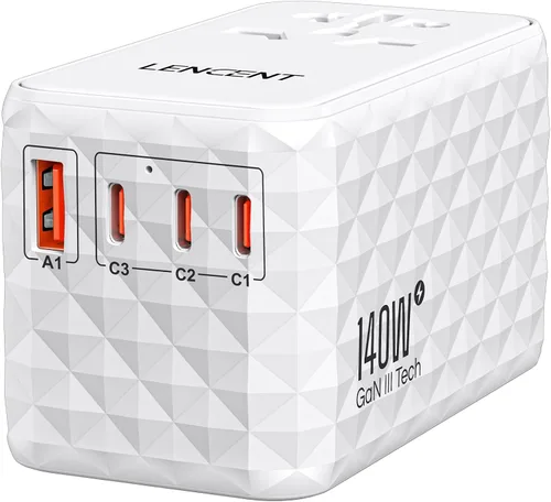 Vista 11 de LENCENT Adaptador de viaje universal de 65 W, cargador rápido internacional de GaN 2 USB-A y 2 convertidores de enchufe de alimentación USB-C