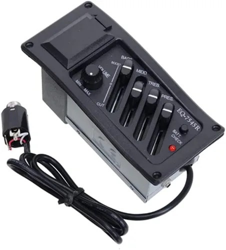 Vista 2 de Jiayouy Pastilla de guitarra 4 bandas EQ-7545R amplificador de preamplificador ecualizador sintonizador Piezo Pickup para guitarras acústicas