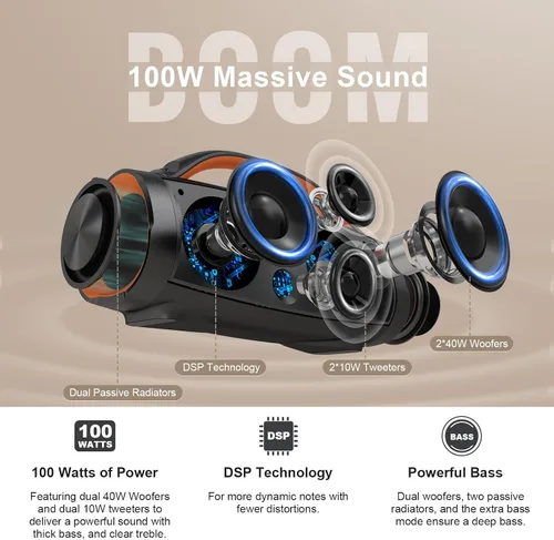 Vista 3 de DOSS Extreme Boom+ Altavoz Bluetooth para exteriores con sonido estéreo de 100 W, graves extra, 20 horas de reproducción, luces LED Party-Sync