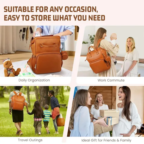 Vista 9 de ROSEGIN Mochila para pañales de piel vegana prémium con cambiador impermeable - Costuras y cremalleras reforzadas, bolsa de bebé para niño y niña