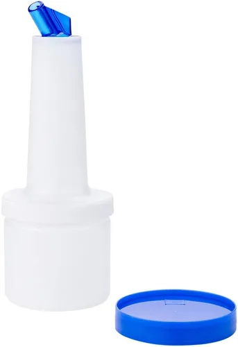 Vista 2 de Restaurantware Botella de plástico de 0.5 cuartos de galón de almacenamiento - con boquilla azul y tapa - Botella de almacenamiento de barra