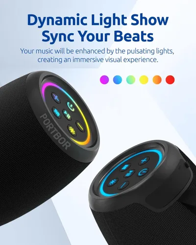Vista 3 de Altavoz Bluetooth, altavoz inalámbrico portátil con potente sonido estéreo fuerte, BT5.3, IPX5 impermeable, emparejamiento TWS, para fiestas en casa