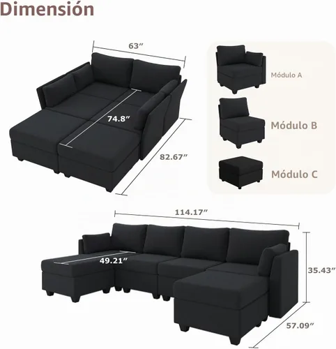 Vista 2 de Huatean Home Sofá Seccional Modular de 114.17", Sofás Seccionales de 6 Asientos con Almacenamiento, Espuma Viscoelástica, Sofá Modular Convertible