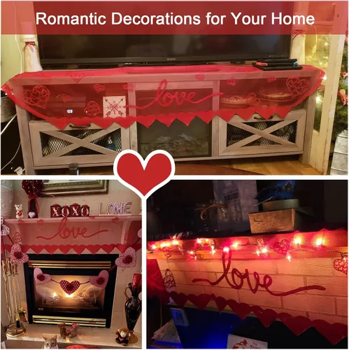Vista 5 de Bufanda de manto de corazón rojo para decoración de chimenea, cubierta de mantel de encaje para decoración del hogar, sala de estar, decoración
