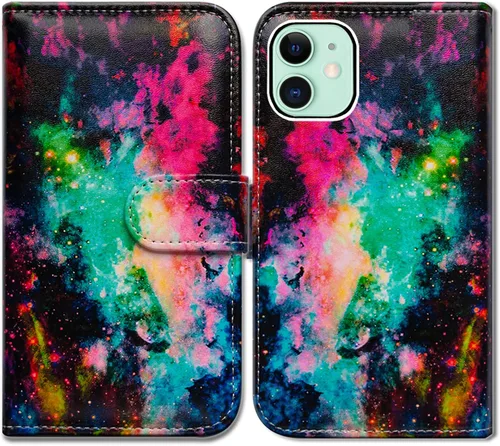 Vista 22 de Bcov - Funda para iPhone 13, funda tipo cartera de cuero verde con diseño de pájaro negro, funda con solapa y soporte con ranura para tarjetas
