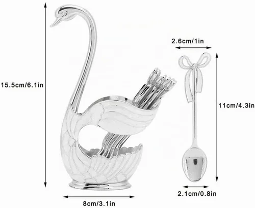Vista 2 de Juego de cucharas de postre de café de metal con soporte, cisne para cucharas, base de cubiertos de frutas, organizador de 6 piezas de helado