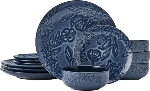 Vista 11 de Pfaltzgraff Midnight Blooms - Juego de vajilla de gres floral de 12 piezas, plato, tazón y recipiente, servicio para 4, negro