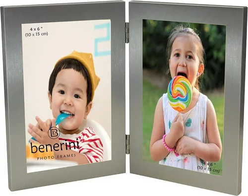 Vista 7 de benerini Marco de fotos plegable doble de aluminio cepillado de color plateado satinado para 2 fotos, incluye 2 fotografías estándar de 6 x 4