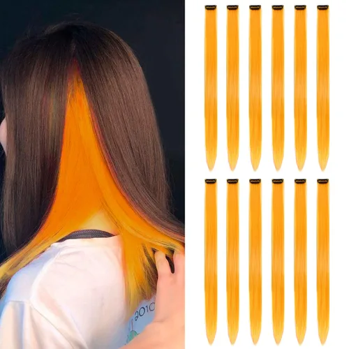 Vista 6 de 13 extensiones de cabello sintético con clip de colores de 20 pulgadas, multicolores, lacio, con clip, para mujer, para regalo, extensiones