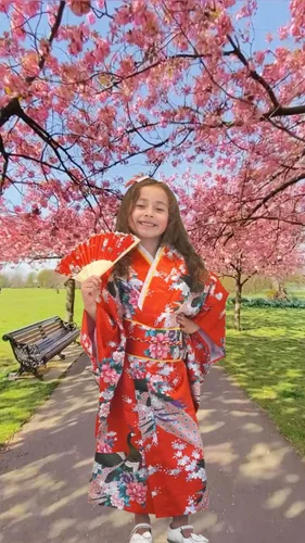 Vista 6 de Conjunto asiático, kimono japonés para chicas y mujeres adultas CRB, set de bata, cinturón, faja y abanico