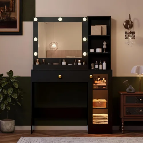 Vista 8 de Wodeer Pequeño escritorio de maquillaje con espejo y luces, tocador con armario de cristal, luces LED y toma de corriente, cajón y gabinetes