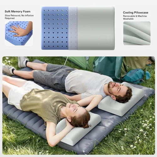 Vista 5 de Almohada de viaje de espuma viscoelástica – Almohadas de camping refrescantes para dormir 2 alturas – Pequeña almohada de espuma viscoelástica