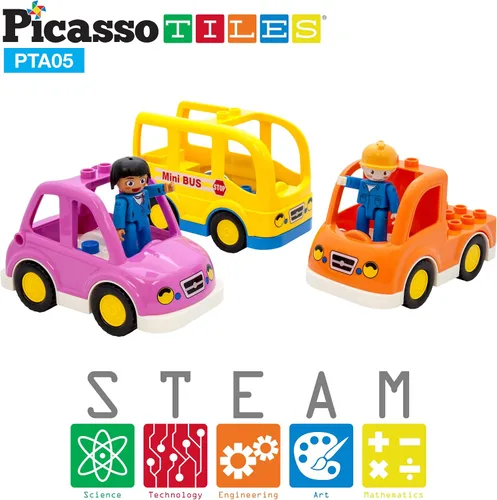 Vista 4 de PicassoTiles Juego de figuras magnéticas de 5 piezas para vehículos y figuras de acción, incluyendo autobús escolar, automóvil, camión y 2