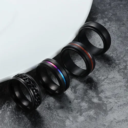 Vista 4 de THUNARAZ Anillo de titanio de acero inoxidable para la ansiedad para mujeres y hombres, anillos giratorios negros para la ansiedad, juego de anillos