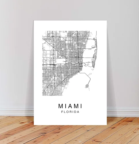 Vista 6 de Miami Map Wall Art Poster Print Florida USA City Map Street Black & White
