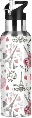 Vista 8 de Wusikd Paris - Botella de agua de la Torre Eiffel con tapa con pajilla, botella térmica de corazón de doble pared aislada al vacío, botella de agua