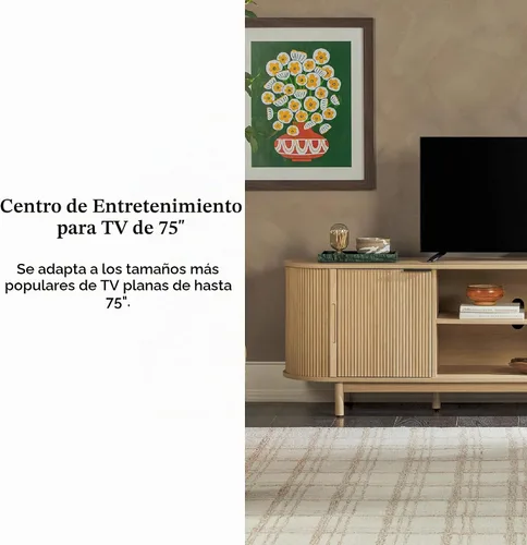 Vista 4 de Walker Edison Chloe - Soporte de TV curvo con junco, puertas correderas, 75 pulgadas, 70 pulgadas, roble costero