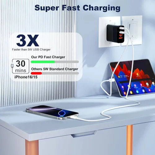 Vista 4 de Bloque de cargador USB C, bloques de carga 5 en 1 de 60 W, cargador rápido PD 3.0, enchufe de pared negro QC 2A, bloque de carga multipuerto tipo C